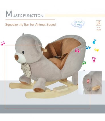 Kids Rocking Bear Plush Ride On Seat Sound Button Wood Base Seat Belt HOMCOM