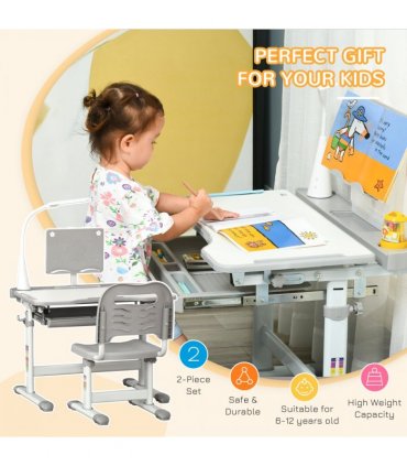 Kids Study Desk and Chair Set w/ USB Lamp, Adjustable Height - Grey - MDF - 50CM