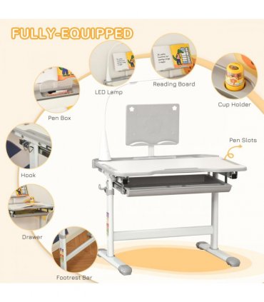 Kids Study Desk and Chair Set w/ USB Lamp, Adjustable Height - Grey - MDF - 50CM