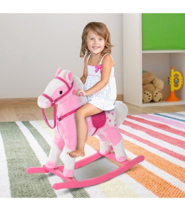 Rocking Horse Toy Plush Wood Pony Riding Rocker Neigh Sound Pink