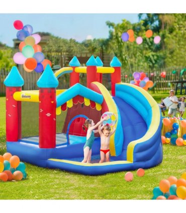 Kids Bouncy Castle with Slide Pool Trampoline Climbing Wall w/ Blower