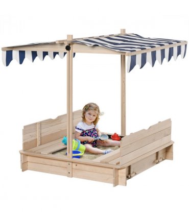 Wood Kids Sandpit Cabana Sandbox Natural Blue 93/98/103/105H x 75L x 48Wcm