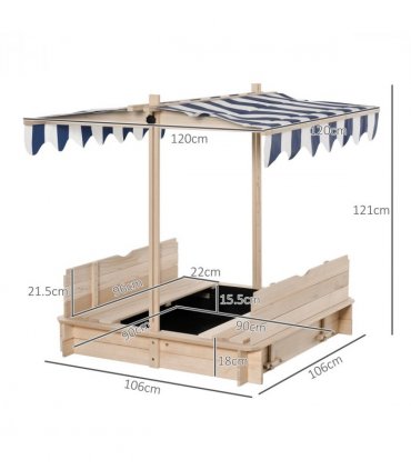 Wood Kids Sandpit Cabana Sandbox Natural Blue 93/98/103/105H x 75L x 48Wcm