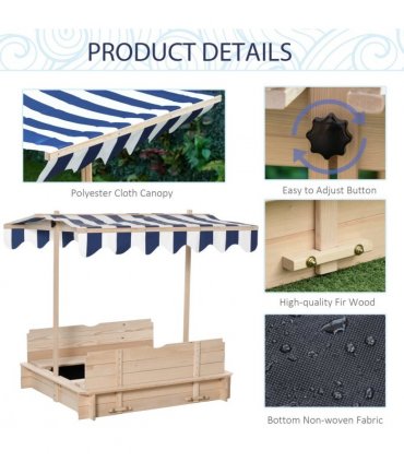 Wood Kids Sandpit Cabana Sandbox Natural Blue 93/98/103/105H x 75L x 48Wcm