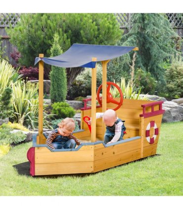 Kids Wooden Sand Pit Sandbox Pirate Sandboat Outdoor w/ Canopy Shade