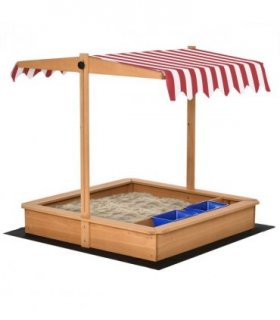 Kids Wooden Sandbox Sand Pit Height Adjustable with Canopy Basins Outsunny