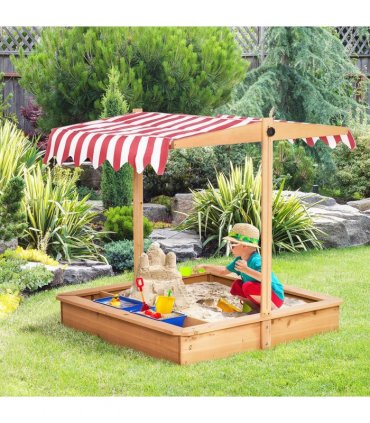 Kids Wooden Sandbox Sand Pit Height Adjustable with Canopy Basins Outsunny