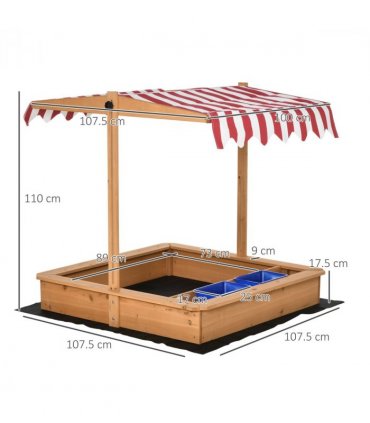 Kids Wooden Sandbox Sand Pit Height Adjustable with Canopy Basins Outsunny