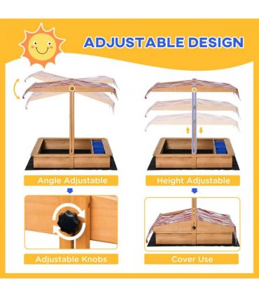 Kids Wooden Sandbox Sand Pit Height Adjustable with Canopy Basins Outsunny