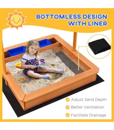 Kids Wooden Sandbox Sand Pit Height Adjustable with Canopy Basins Outsunny