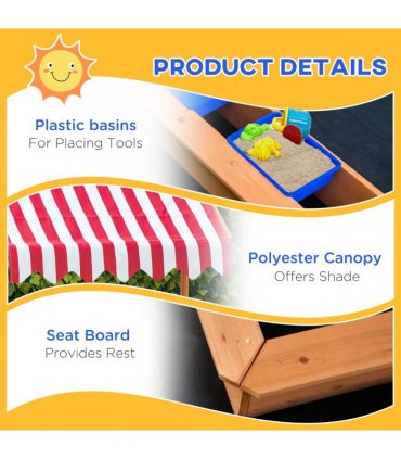 Kids Wooden Sandbox Sand Pit Height Adjustable with Canopy Basins Outsunny