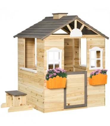 Wooden Kids Playhouse w/ Door, Windows, Bench, For Ages 3-7 Years