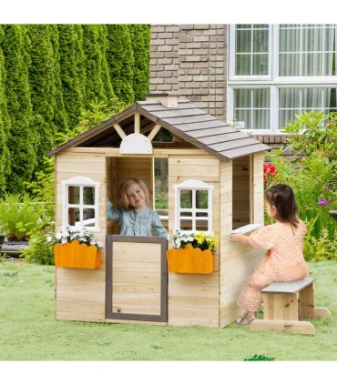 Wooden Kids Playhouse w/ Door, Windows, Bench, For Ages 3-7 Years