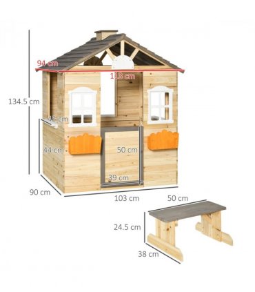 Wooden Kids Playhouse w/ Door, Windows, Bench, For Ages 3-7 Years