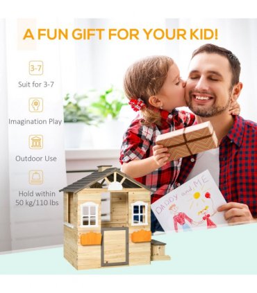 Wooden Kids Playhouse w/ Door, Windows, Bench, For Ages 3-7 Years