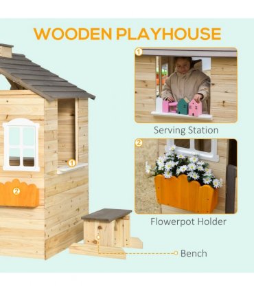 Wooden Kids Playhouse w/ Door, Windows, Bench, For Ages 3-7 Years