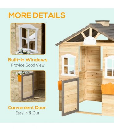Wooden Kids Playhouse w/ Door, Windows, Bench, For Ages 3-7 Years