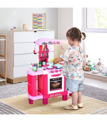 38-Piece Children's Kitchen Play Set Realistic Sounds Lights Food Pink