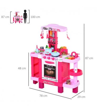 38-Piece Children's Kitchen Play Set Realistic Sounds Lights Food Pink