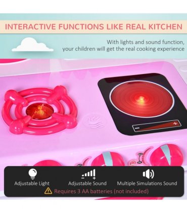 38-Piece Children's Kitchen Play Set Realistic Sounds Lights Food Pink