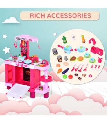 38-Piece Children's Kitchen Play Set Realistic Sounds Lights Food Pink