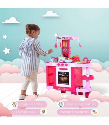 38-Piece Children's Kitchen Play Set Realistic Sounds Lights Food Pink