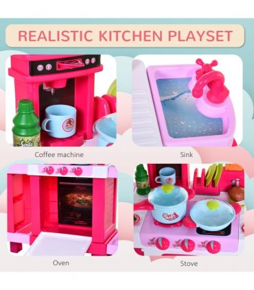 38-Piece Children's Kitchen Play Set Realistic Sounds Lights Food Pink