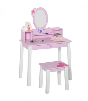 Kids Dressing Table and Stool Set Make Up Desk with Storage (Pink) HOMCOM