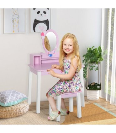 Kids Dressing Table and Stool Set Make Up Desk with Storage (Pink) HOMCOM