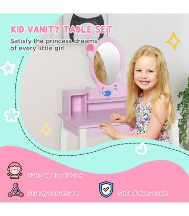 Kids Dressing Table and Stool Set Make Up Desk with Storage (Pink) HOMCOM