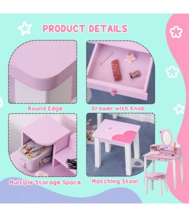 Kids Dressing Table and Stool Set Make Up Desk with Storage (Pink) HOMCOM