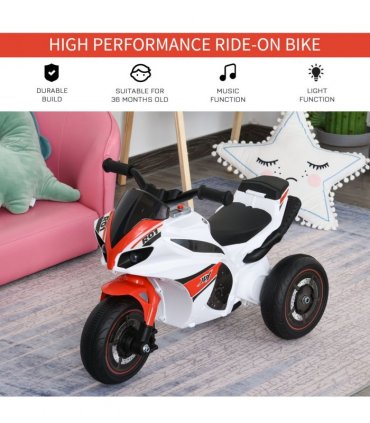 Kids Ride-On Police Bike 3-Wheel Vehicle w/ Music Lights White 48H x 74L x 39Wcm