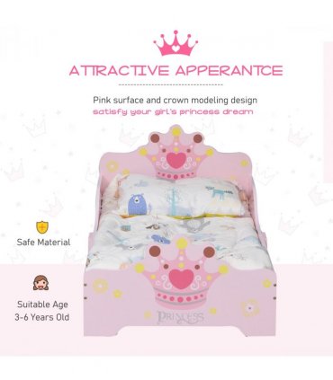 Kids Wooden Princess Crown & Flower Single Bed Safety Side Rails Slats