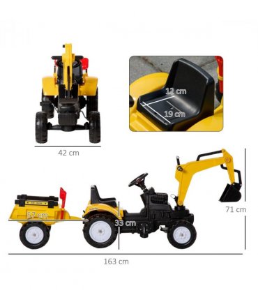 Ride-on Toy Pedal Digger Construction Car with Horn Detachable Trailer HOMCOM