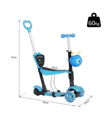 HOMCOM 5-in-1 Kids Kick Scooter 3-wheel Walker w/ Removable Seat Adjustable