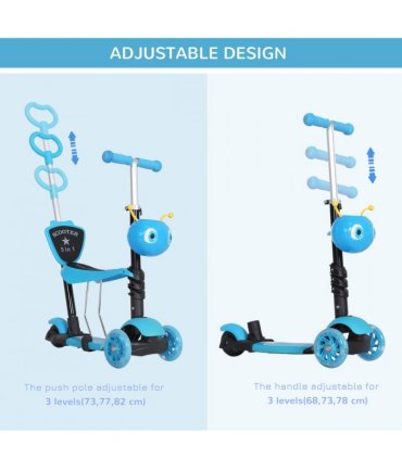 HOMCOM 5-in-1 Kids Kick Scooter 3-wheel Walker w/ Removable Seat Adjustable