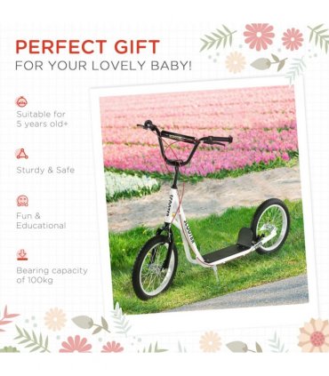 HOMCOM 90-96cm Kids Kick Scooter Adjustable Handlebar Inflatable Wheels White