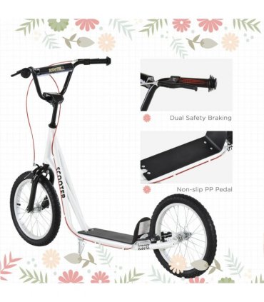 HOMCOM 90-96cm Kids Kick Scooter Adjustable Handlebar Inflatable Wheels White