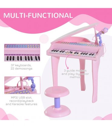 Mini Piano Electronic Keyboard Microphone Stool - Pink ABS 69H x 48L x 39Wcm