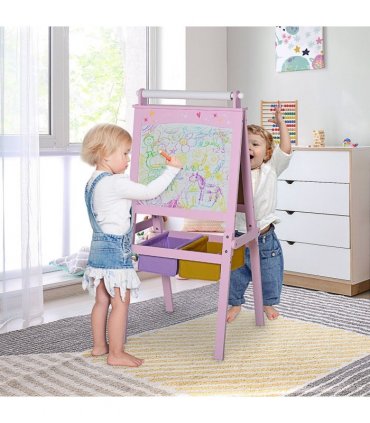 Kids Wooden Art Easel with Paper Roll Double-Sided Chalkboard, board HOMCOM