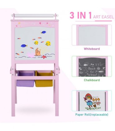 Kids Wooden Art Easel with Paper Roll Double-Sided Chalkboard, board HOMCOM