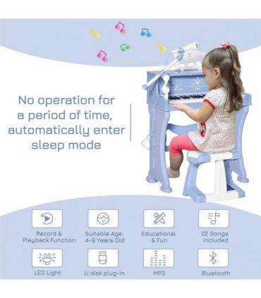 Baby Piano 37 Key Keyboard Battery Kids Microphone Stool Educational Game Blue