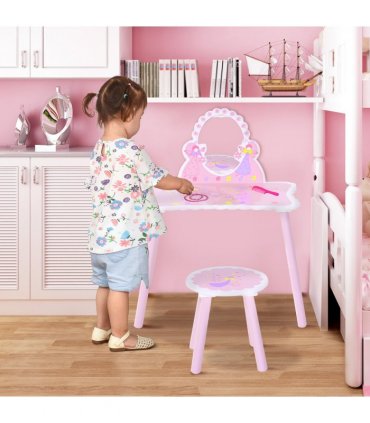 Girls Kids Pink Dressing Table Make Up Play Set Desk Chair Mirror HOMCOM