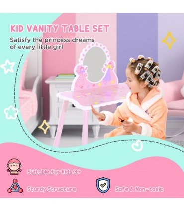 Girls Kids Pink Dressing Table Make Up Play Set Desk Chair Mirror HOMCOM