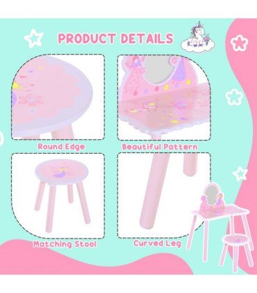 Girls Kids Pink Dressing Table Make Up Play Set Desk Chair Mirror HOMCOM