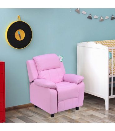 Kids Recliner Armchair PU Leather Pink 63W x 64D x 71H cm Comfortable Padded