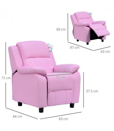 Kids Recliner Armchair PU Leather Pink 63W x 64D x 71H cm Comfortable Padded