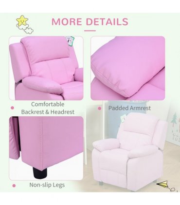 Kids Recliner Armchair PU Leather Pink 63W x 64D x 71H cm Comfortable Padded