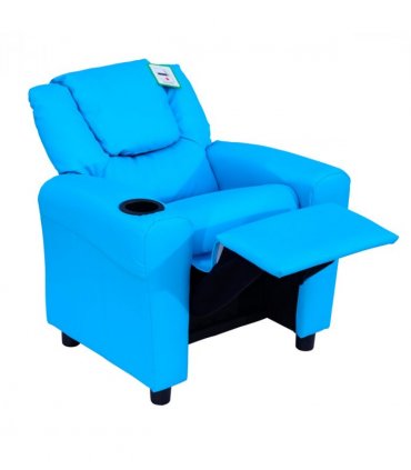 Kids Recliner Armchair Blue PU Leather 62L x 52W x 69H cm Reclining Sofa Bed