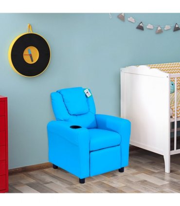 Kids Recliner Armchair Blue PU Leather 62L x 52W x 69H cm Reclining Sofa Bed